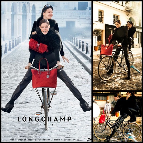 Longchamp F/W 12 - The Mystery Of Emily’s LegsI enjoy a good Photoshop fail as much as the next person, but when I saw blogs today (Huffington Post, I’m looking at you) supposedly pointing out a “photoshop disaster” in my current Longchamp campaign, I knew I had to correct them. According to HuffPost, Emily’s feet MUST have been photoshopped out. They even gave us a cheeky explanation of exactly how pedalling works. Accctually, as you can see in the behind-the-scenes pictures above (which were posted everywhere a few months back), she’s just balancing with her feet on the seat behind me. Skillful, I know, but no Photoshop disaster this time. Dear Huffington Post, this is how we roll. I believe you stand corrected! ;)XxCocoP.S I still stand behind THIS STATEMENT. 